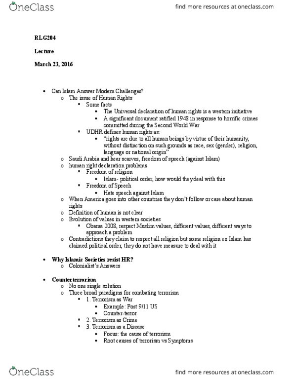 RLG204H5 Lecture Notes - Lecture 11: Hate Speech, Universal Declaration Of Human Rights, Islamophobia thumbnail