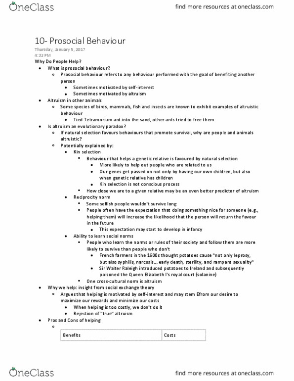 Psychology 2070A/B Lecture Notes - Lecture 10: Social Exchange Theory, Kin Selection, Solanine thumbnail