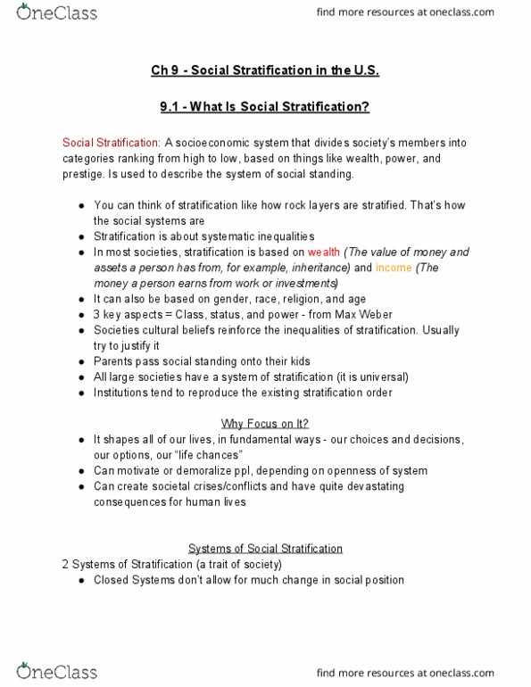 SOCIOL 1101 Chapter Notes - Chapter 9: Social Stratification, Upper Middle Class, Lower Middle Class thumbnail