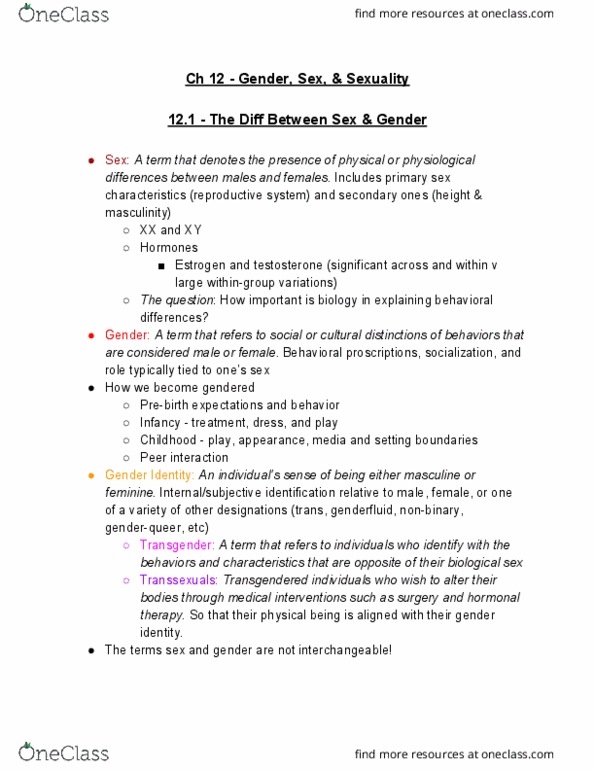 SOCIOL 1101 Chapter Notes - Chapter 12: Sex Organ, Genderqueer, Homosociality thumbnail