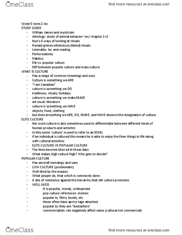 RELS 161 Lecture Notes - Lecture 5: Art Music, Liminality, Ethology thumbnail