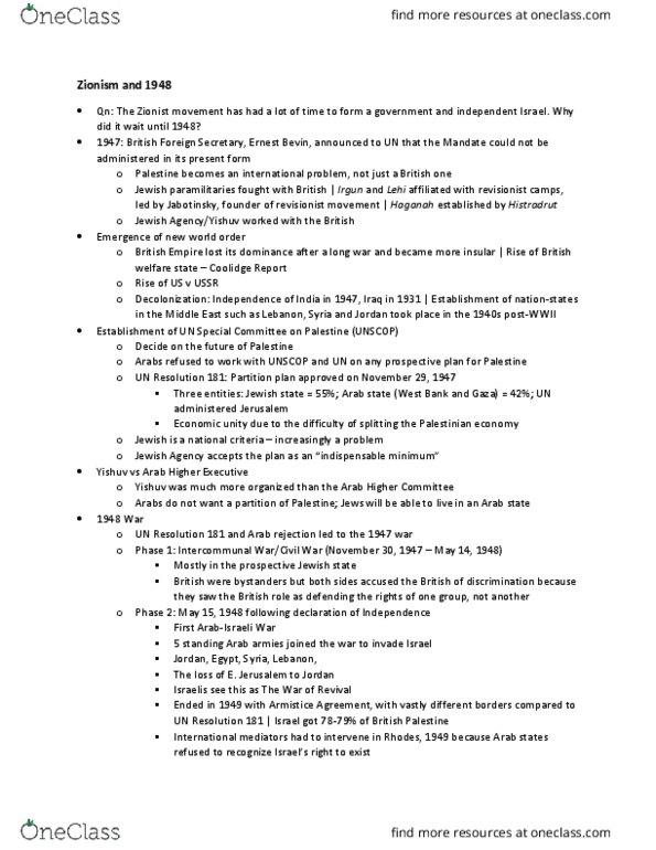 JEWISH M142 Lecture Notes - Lecture 2: Arab Higher Committee, United Nations Partition Plan For Palestine, Ernest Bevin thumbnail