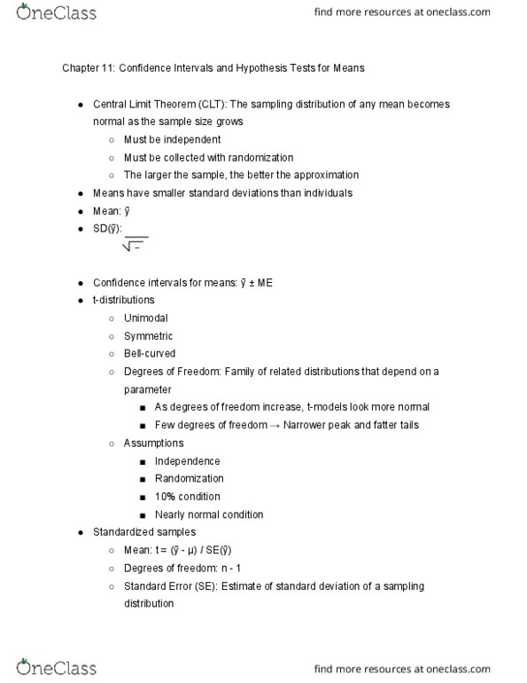STA 309 Chapter Notes - Chapter 11: Central Limit Theorem, Standard Deviation, Sampling Distribution thumbnail