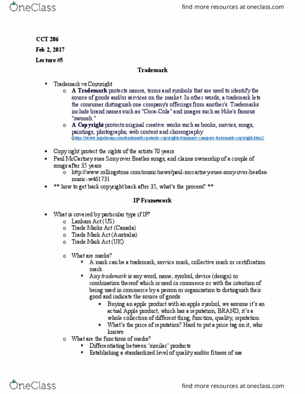 CCT206H5 Lecture Notes - Lecture 5: Lanham Act, Certification Mark, Sports Equipment thumbnail