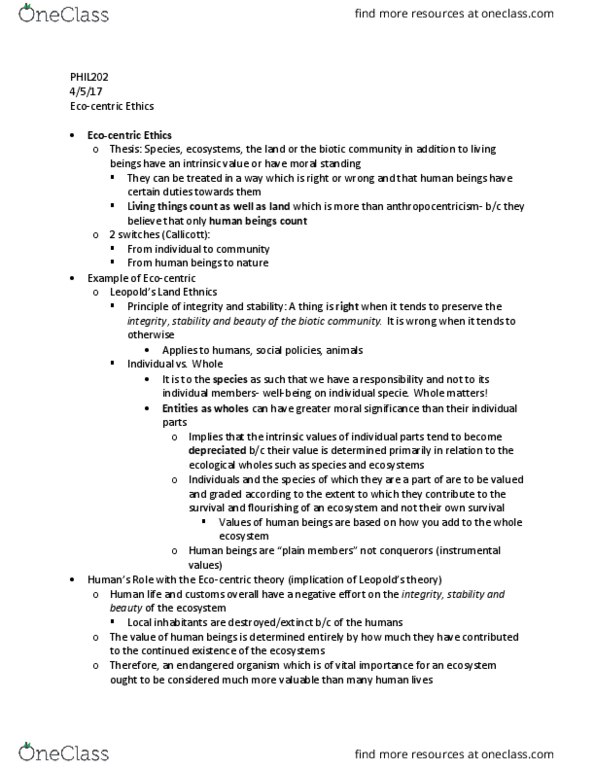 PHIL202 Lecture Notes - Lecture 14: Ecocentrism, Biocoenosis, Monism thumbnail