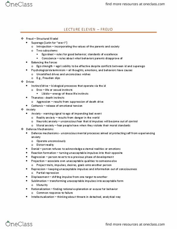 01:830:338 Lecture Notes - Lecture 11: Freudian Slip, Ego Ideal, Psychological Determinism thumbnail