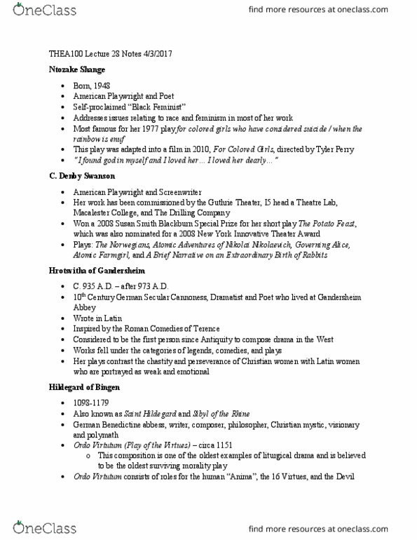 THEA 100 Lecture Notes - Lecture 28: Juana Inés De La Cruz, Anna Cora Mowatt, Royal Opera House thumbnail