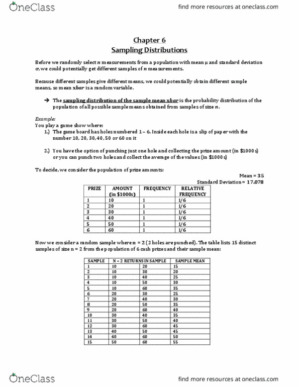 COMM 215 Chapter Notes - Chapter 6: Sampling Distribution, Standard Deviation, Sample Size Determination thumbnail