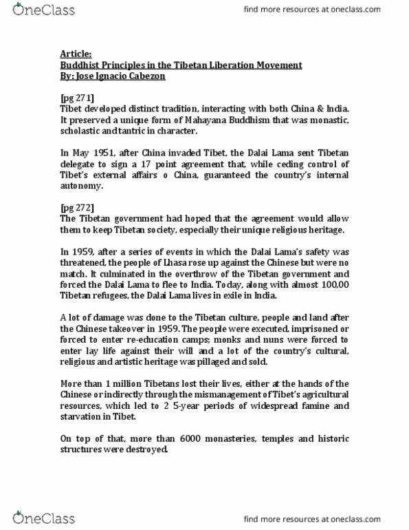 RELI 216 Chapter Notes - Chapter 11: Tibetan Plateau, Tibetan Culture, Buddhist Philosophy thumbnail