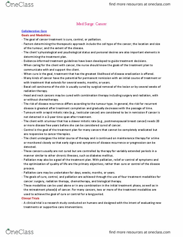 NURSING 3TT3 Chapter Notes - Chapter 18: Palliative Care, Radiation Therapy, Suprapubic Cystostomy thumbnail