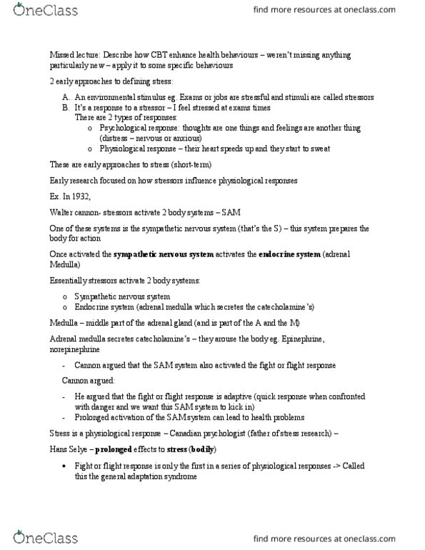 Psychology 2036A/B Lecture Notes - Lecture 4: Adrenal Medulla, Walter Bradford Cannon, Sympathetic Nervous System thumbnail