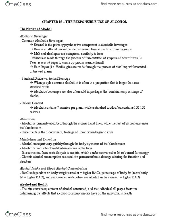 Health Sciences 1001A/B Chapter Notes - Chapter 15: Blood Alcohol Content, Standard Drink, Alcohol Dependence thumbnail