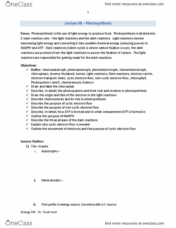 BIOL107 Lecture Notes - Lecture 8: Light-Independent Reactions, Regenerative Circuit, Photosystem I thumbnail