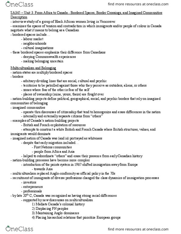 SA 345 Lecture Notes - Lecture 3: Imagined Communities, Nationstates, Deskilling thumbnail