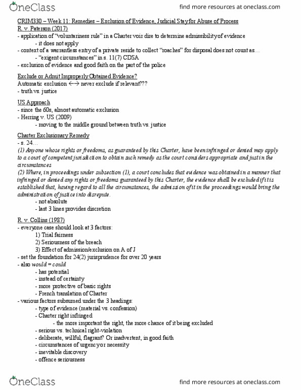 CRIM 330 Lecture Notes - Lecture 11: Exigent Circumstance, Voir Dire, Police Misconduct thumbnail