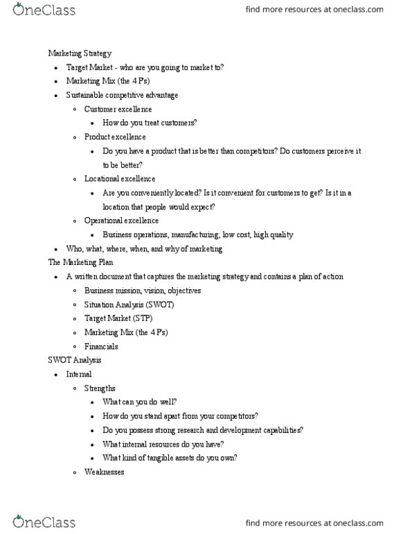 BUS 346 Lecture Notes - Lecture 2: Competitive Advantage, Swot Analysis, Operational Excellence thumbnail