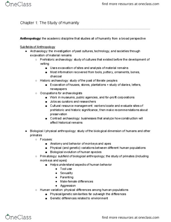 ANT 201 Chapter Notes - Chapter 1: Prehistoric Archaeology, Forensic Anthropology, Anthropological Linguistics thumbnail