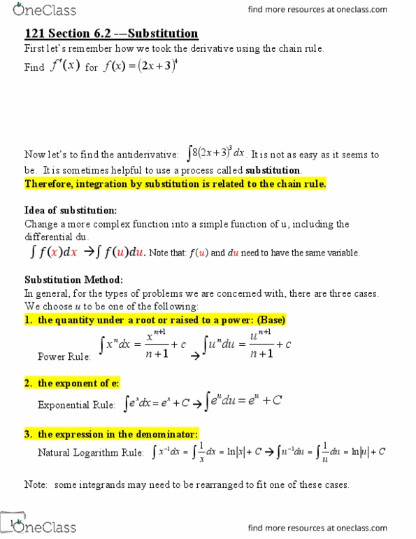 MATH 121 Lecture Notes - Lecture 21: Natural Logarithm, Power Rule, Antiderivative thumbnail