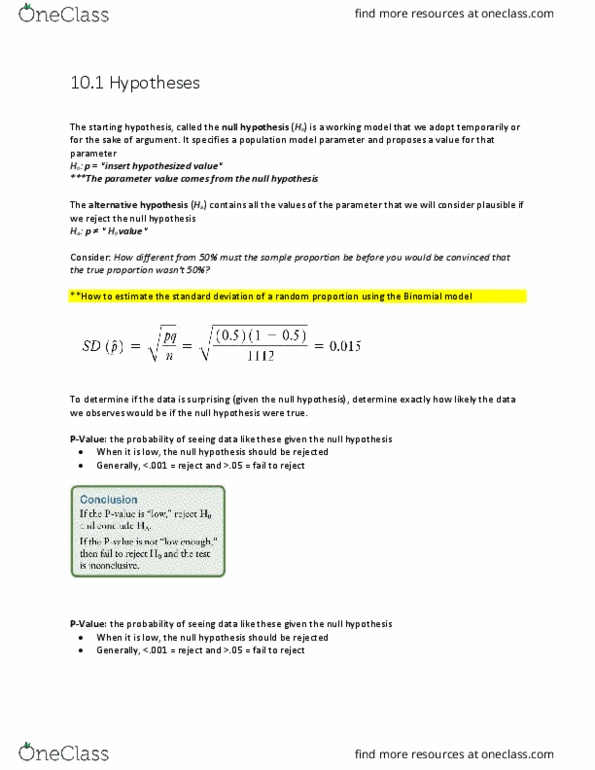 STA 309 Chapter Notes - Chapter 10-1: Null Hypothesis, Standard Deviation thumbnail