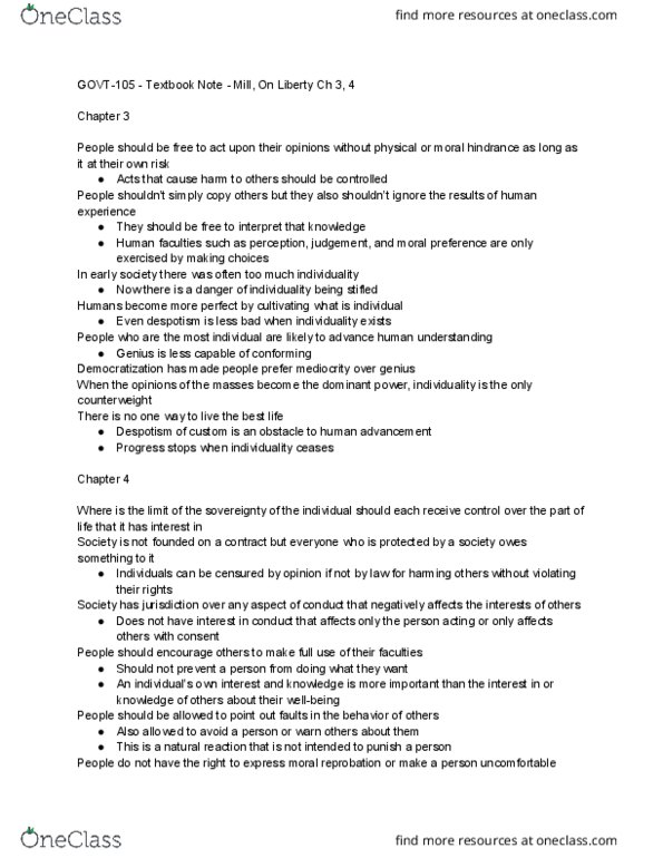 GOVT-105 FA2 Chapter Notes - Chapter 3, 4: Reprobation, On Liberty thumbnail