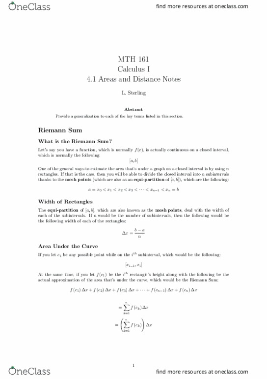 MTH 161 Lecture Notes - Lecture 23: Riemann Sum, Equipartition Theorem, Antiderivative thumbnail