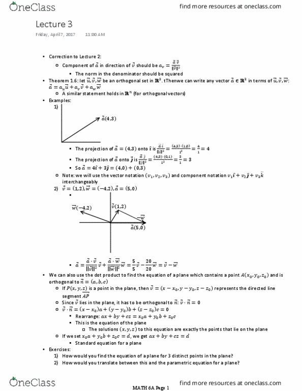 MATH 6A Lecture Notes - Lecture 3: Anticommutativity, Cross Product, Parametric Equation thumbnail