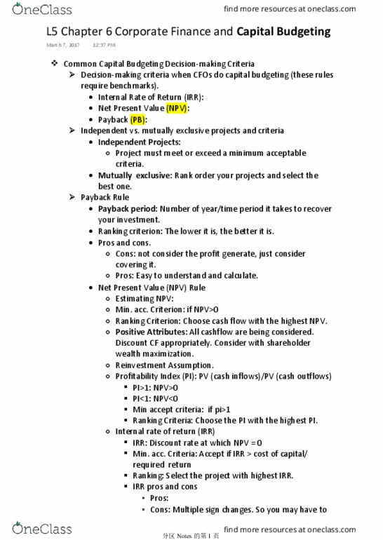 COMMERCE 2FA3 Lecture Notes - Lecture 5: Net Present Value, Payback Period, Capital Budgeting thumbnail