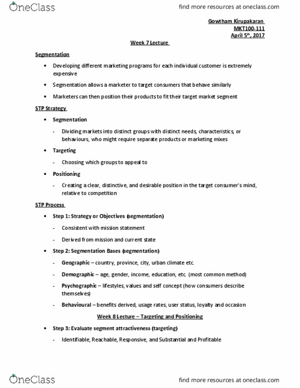 MKT 100 Lecture Notes - Lecture 8: Urban Climate, Target Market, Psychographic thumbnail