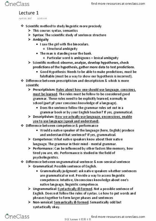 LINGUIST 1ZZ3 Lecture Notes - Lecture 1: Psycholinguistics, Linguistic Description, Binoculars thumbnail