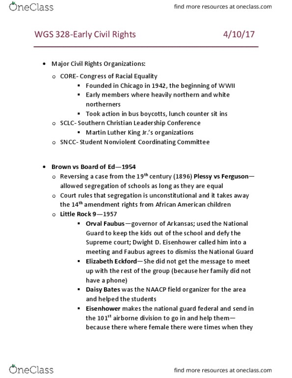 WGS 328 Lecture Notes - Lecture 14: Lunch Counter, Southern Christian Leadership Conference, Student Nonviolent Coordinating Committee thumbnail