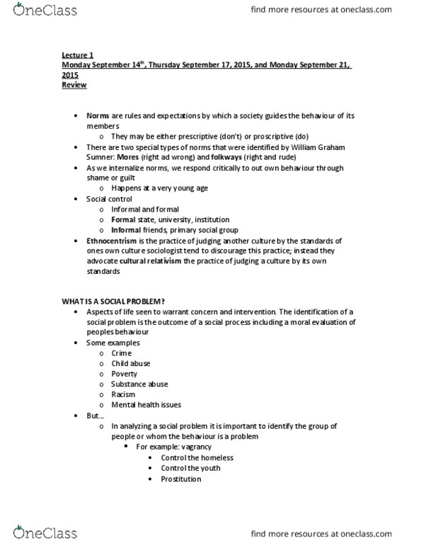 SOC 2106 Lecture Notes - Lecture 1: Relativism, Substance Abuse, Ethnocentrism thumbnail