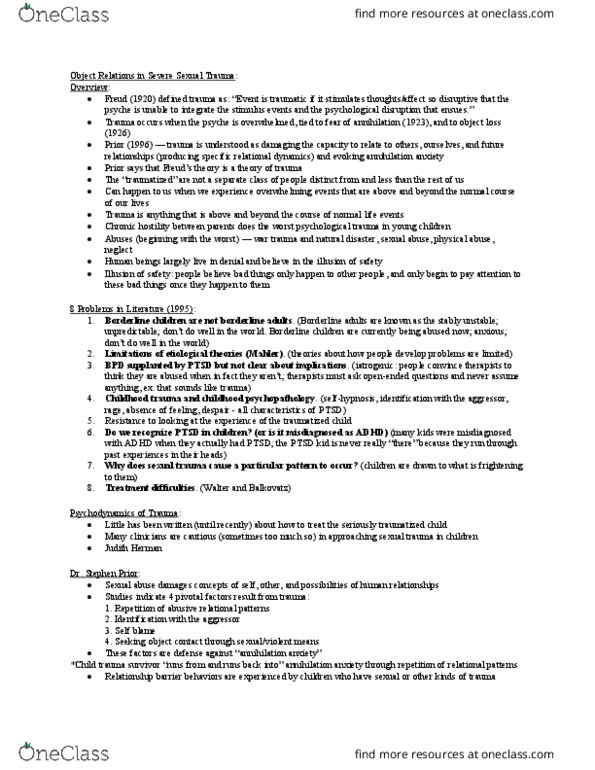 CAS PS 251 Lecture Notes - Lecture 9: Posttraumatic Stress Disorder, Iatrogenesis, Object Relations Theory thumbnail