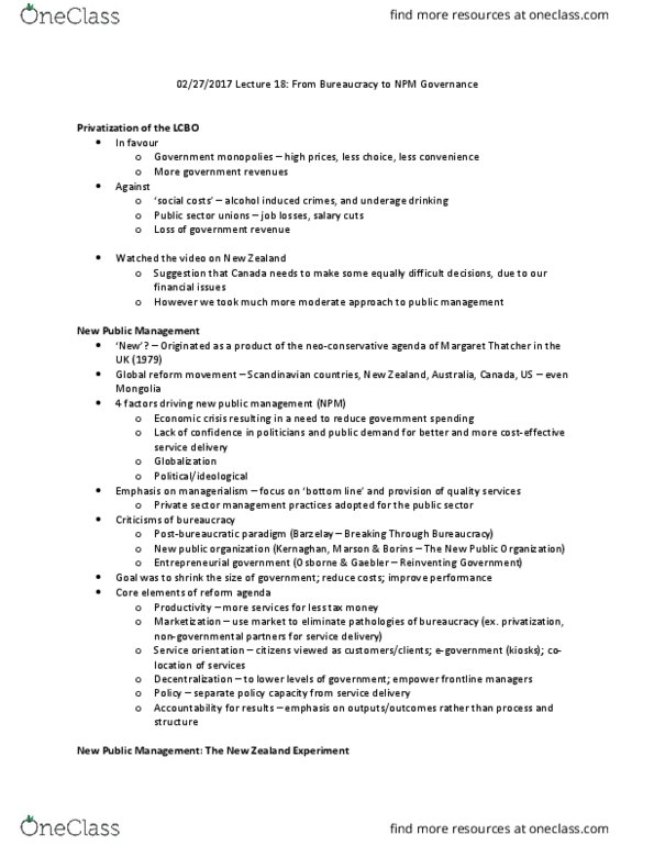 POLS 2250 Lecture Notes - Lecture 18: New Public Management, Liquor Control Board Of Ontario, Managerialism thumbnail