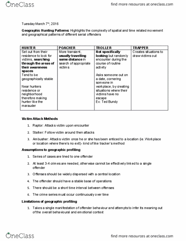 LS372 Lecture Notes - Lecture 10: Offender Profiling, Geographic Profiling, Jodie Foster thumbnail