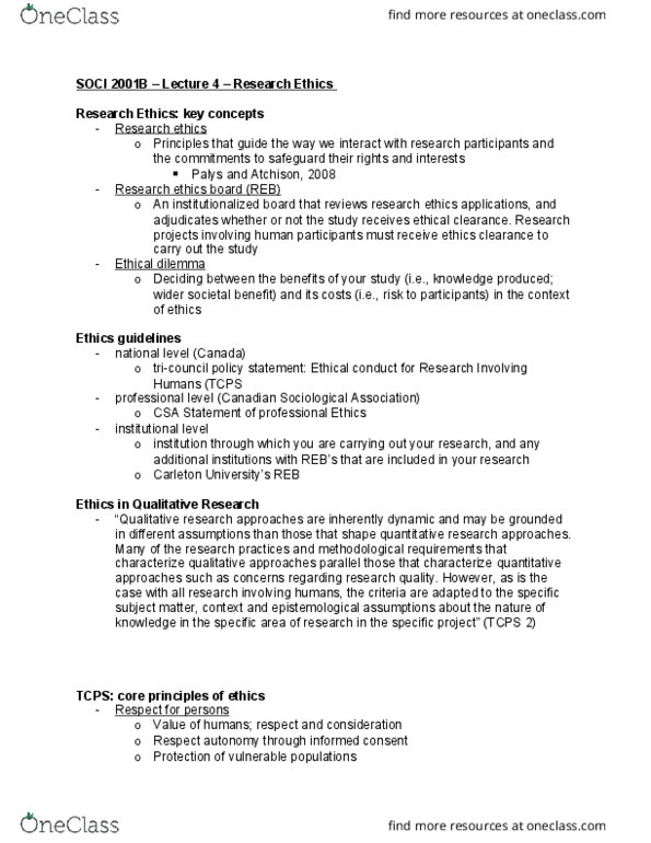 SOCI 2001 Lecture Notes - Lecture 4: Ethical Dilemma, Research, Informed Consent thumbnail