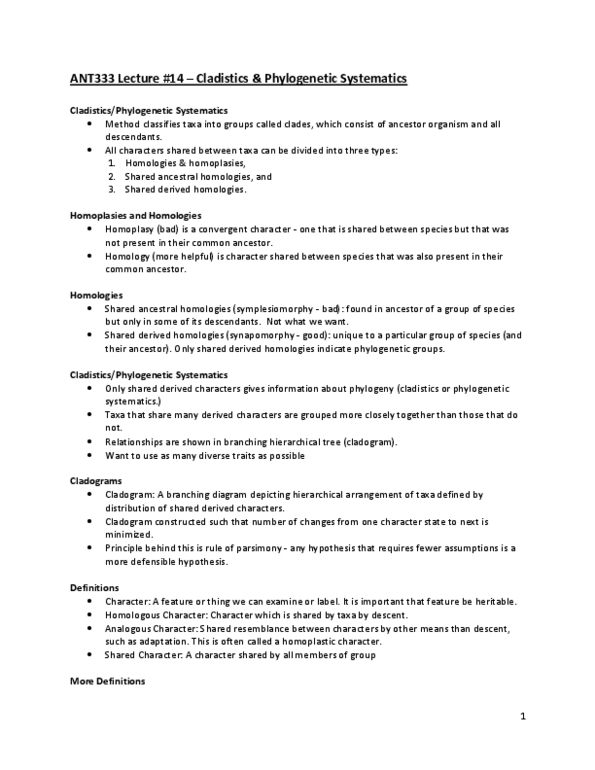 ANT333Y1 Lecture Notes - Lecture 14: Polyphyly, Autapomorphy, Paraphyly thumbnail