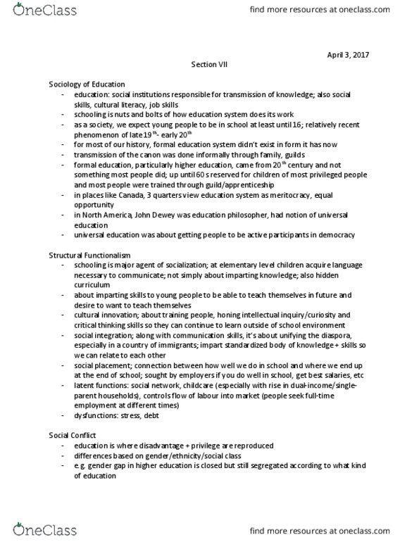 SOC 104 Lecture Notes - Lecture 8: John Dewey, Hidden Curriculum, Meritocracy thumbnail