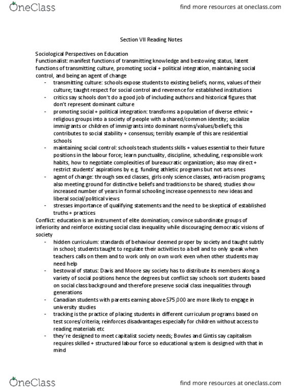 SOC 104 Chapter Notes - Chapter 13: Hidden Curriculum, Manifest And Latent Functions And Dysfunctions, Sociological Perspectives thumbnail