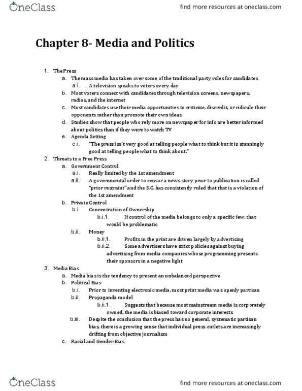 POLS 100 Chapter Notes - Chapter 8: First Amendment To The United States Constitution, Media Bias, Propaganda Model thumbnail
