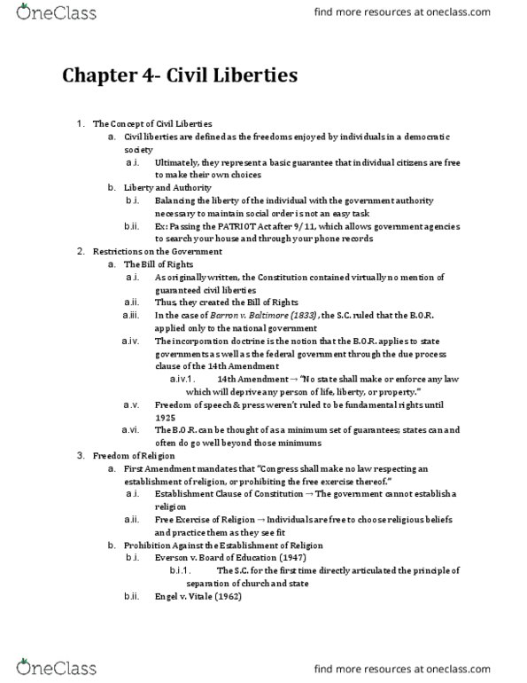 POLS 100 Chapter Notes - Chapter 4: Fourteenth Amendment To The United States Constitution, Incorporation Of The Bill Of Rights, Establishment Clause thumbnail