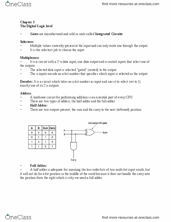 I&C SCI 51 Lecture Notes - Lecture 7: Logic Level, Or Gate, Arithmetic Logic Unit thumbnail