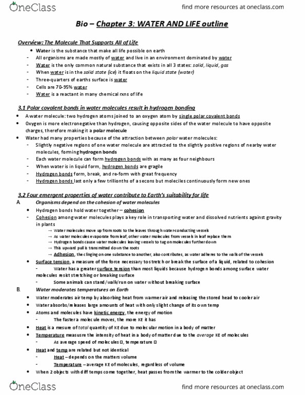 BIO 121 Chapter Notes - Chapter 3: Hydrogen Bond, Hydrogen Atom, Heat Capacity thumbnail