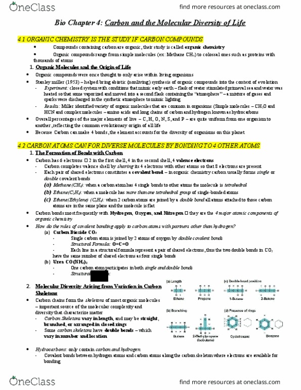 BIO 121 Chapter Notes - Chapter 4: Stanley Miller, Chemical Formula, Structural Formula thumbnail