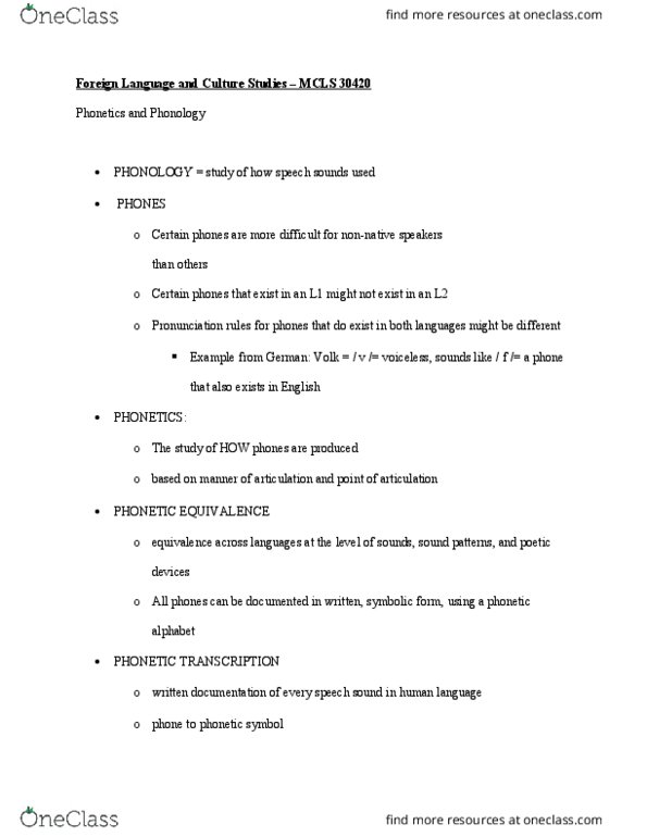 MCLS 30420 Lecture Notes - Lecture 7: Phonetic Transcription, Vocal Tract, Phonetics thumbnail