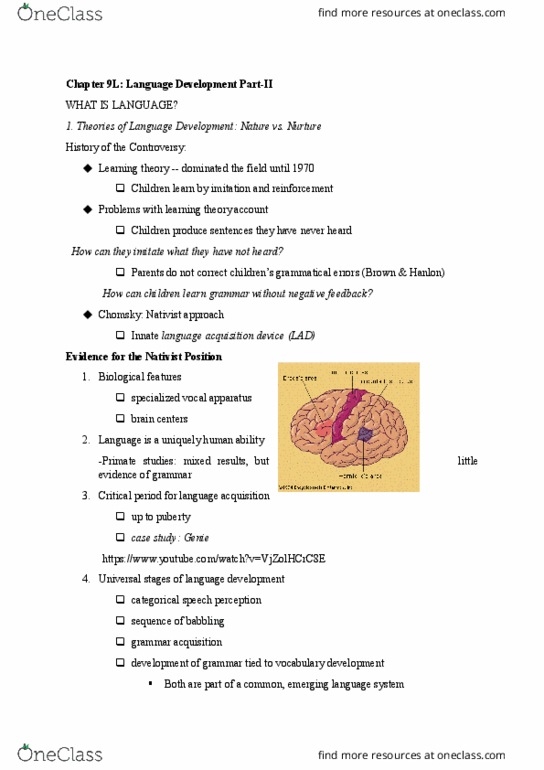 01:830:331 Lecture Notes - Lecture 9: Language Acquisition Device, Speech Perception, Noam Chomsky thumbnail