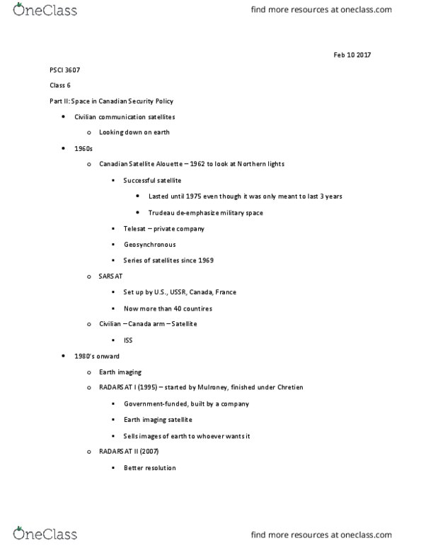 PSCI 3607 Lecture Notes - Lecture 6: United States Space Surveillance Network, Advanced Extremely High Frequency, Radarsat Constellation thumbnail