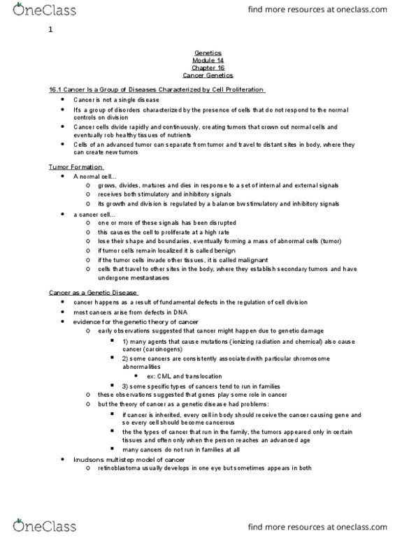 BIOL 2050 Chapter Notes - Chapter 16: Tumor Suppressor Gene, Somatic Evolution In Cancer, G1 Phase thumbnail