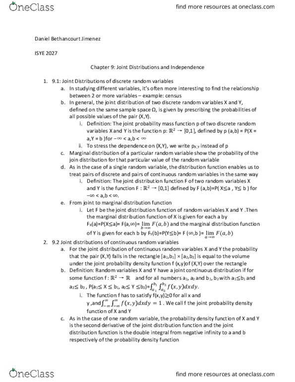 ISYE 2027 Chapter Notes - Chapter 9: Joint Probability Distribution, Probability Mass Function, Marginal Distribution thumbnail
