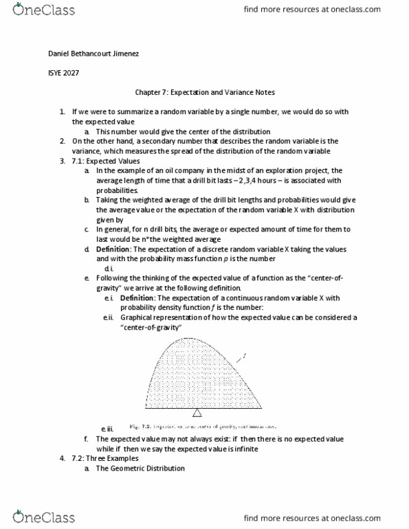 ISYE 2027 Chapter Notes - Chapter 7: Probability Mass Function, Probability Distribution, Probability Density Function thumbnail