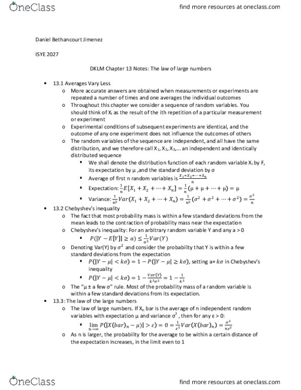 ISYE 2027 Chapter Notes - Chapter 13: Probability Mass Function, Standard Deviation, Random Variable thumbnail